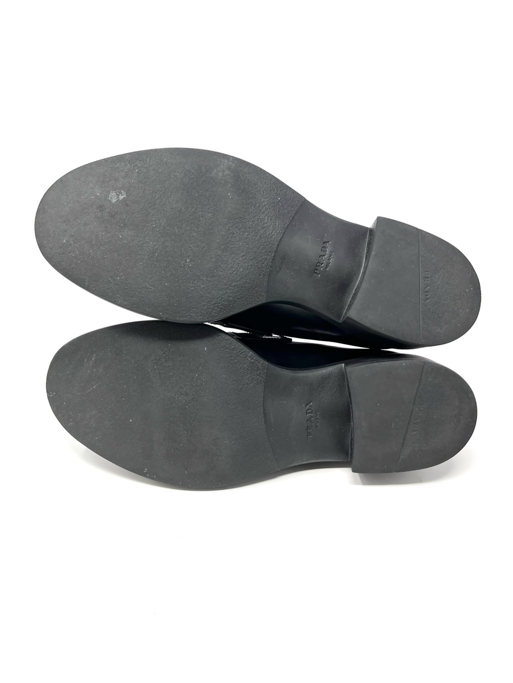 Prada Chocolate Black Triangle Logo Brushed Leather Loafers Heels Chunky 38.5 - Picture 12 of 14